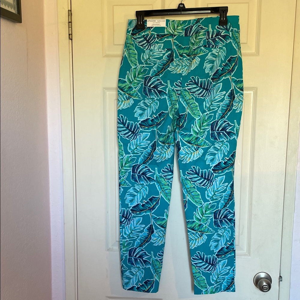 Chico’s Teal and Green Leaf Print Pants - Picture 2 of 4